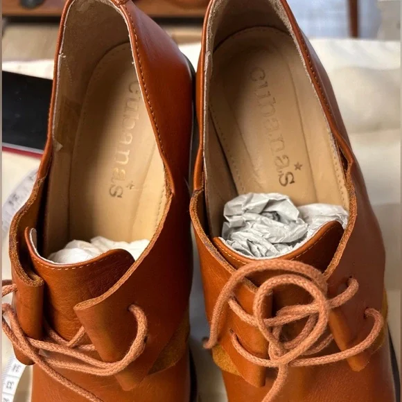 Anthropologie Cubanas Brown Cognac leather wood block Shoes platform women’s 7 - Picture 5 of 5